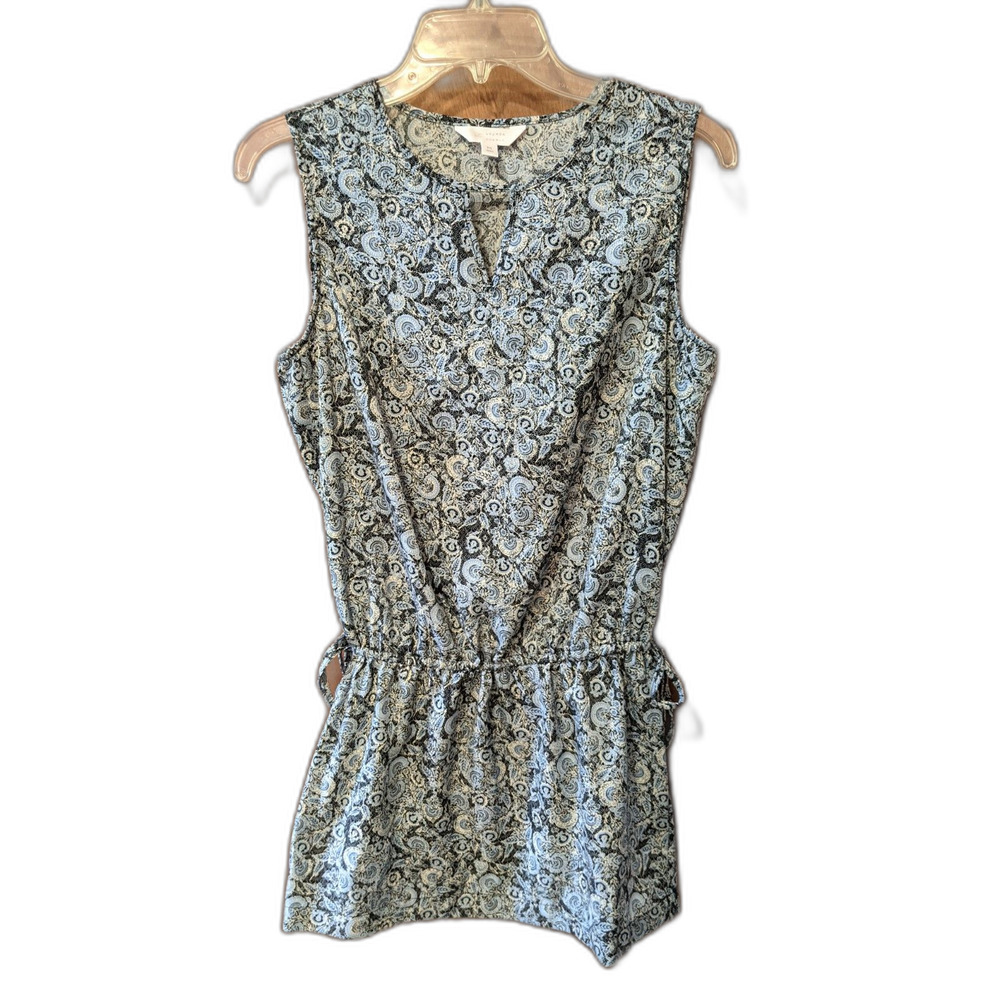 Boho Twee Tunic Micro Mini Dress Blue Black Floral Dropped Waist Drawstring Sz M